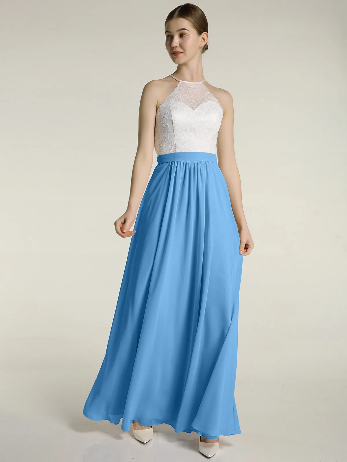 Chiffon Long Dresses with Ivory Lace Bodice-Blue Plus Size