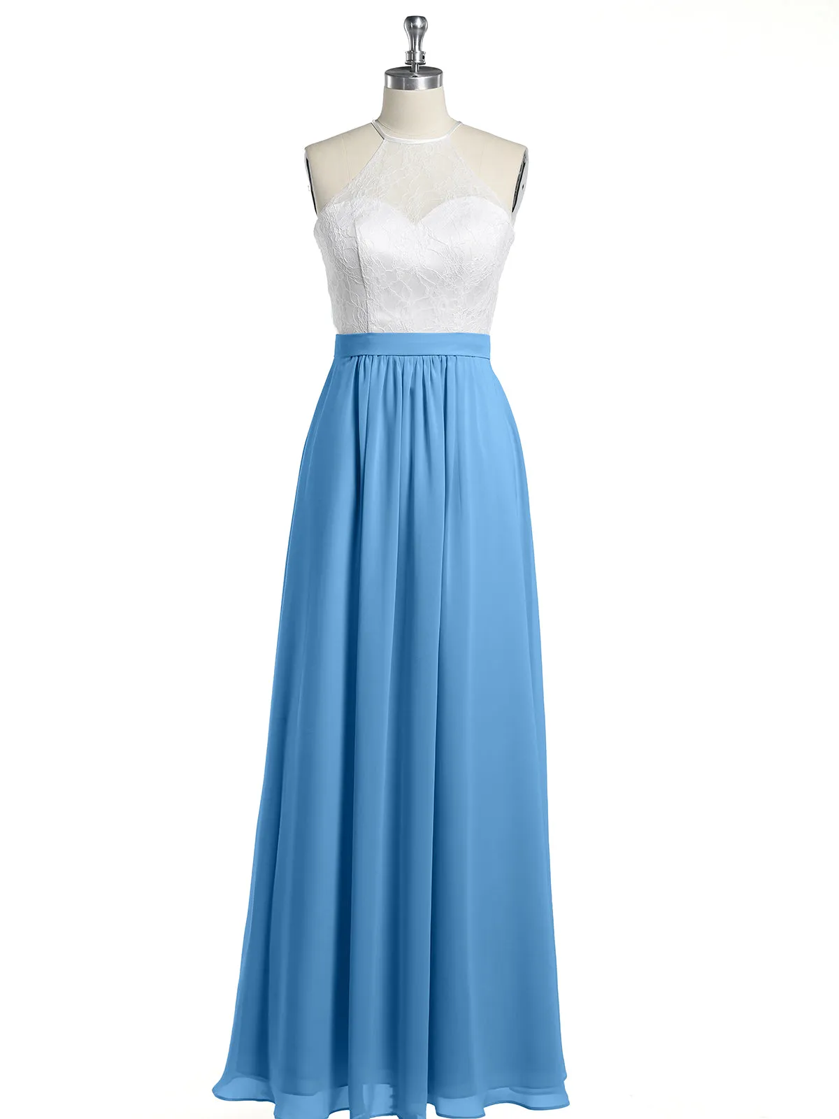 Chiffon Long Dresses with Ivory Lace Bodice-Blue Plus Size