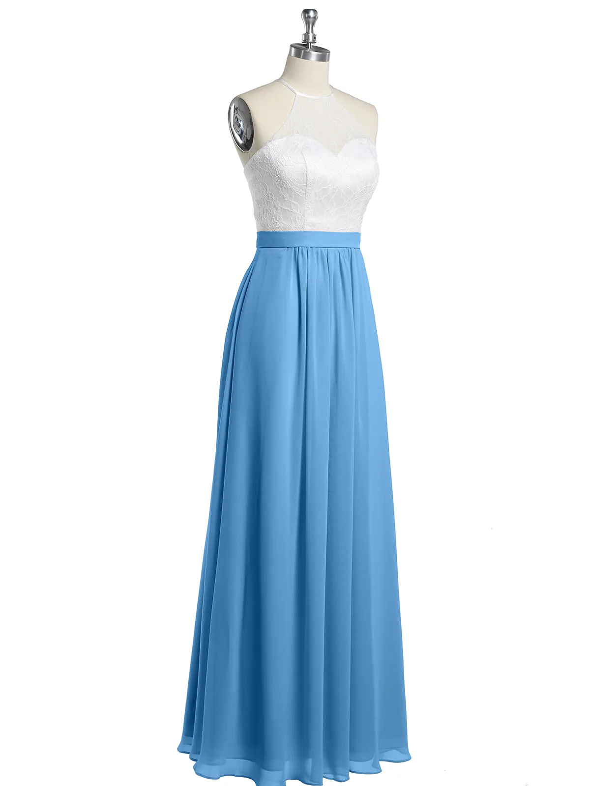 Chiffon Long Dresses with Ivory Lace Bodice-Blue Plus Size