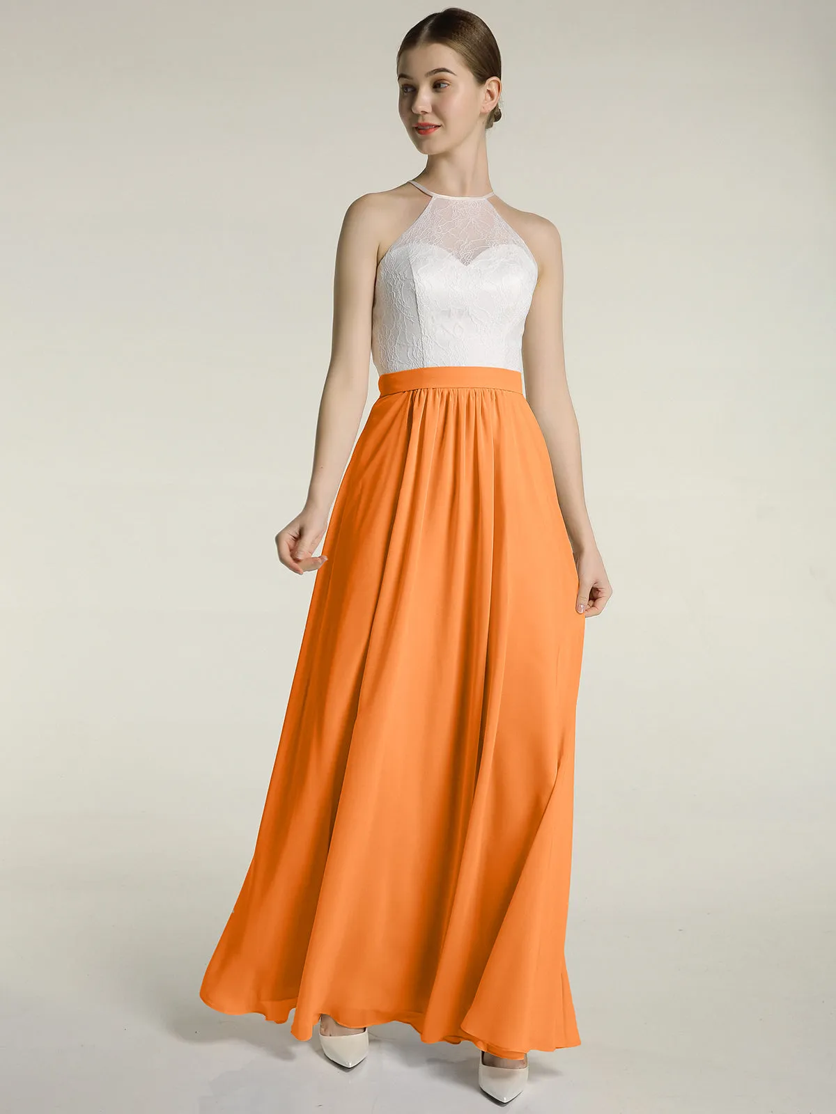 Chiffon Long Dresses with Ivory Lace Bodice-Orange