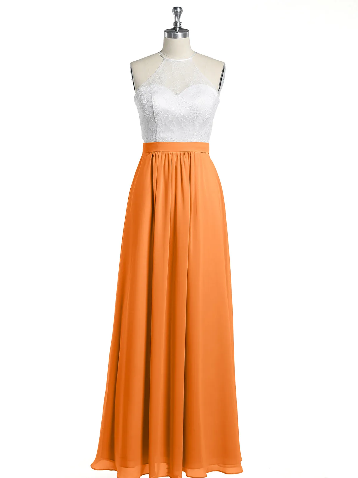 Chiffon Long Dresses with Ivory Lace Bodice-Orange