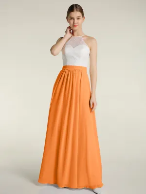 Chiffon Long Dresses with Ivory Lace Bodice-Orange