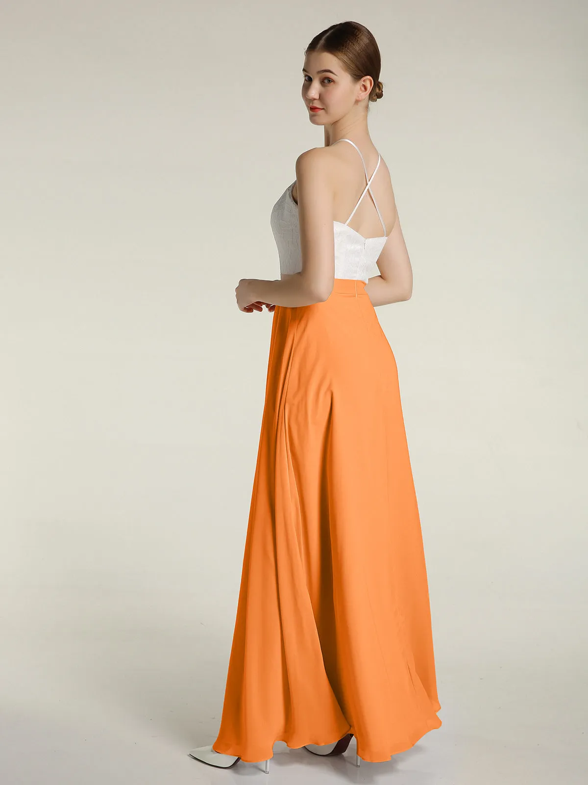 Chiffon Long Dresses with Ivory Lace Bodice-Orange