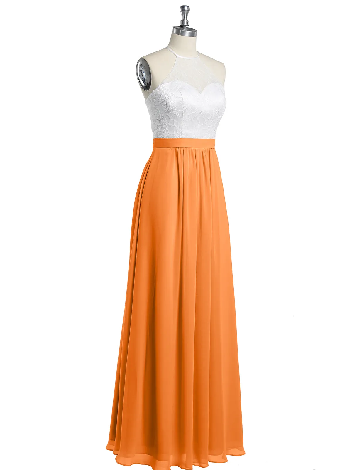 Chiffon Long Dresses with Ivory Lace Bodice-Orange
