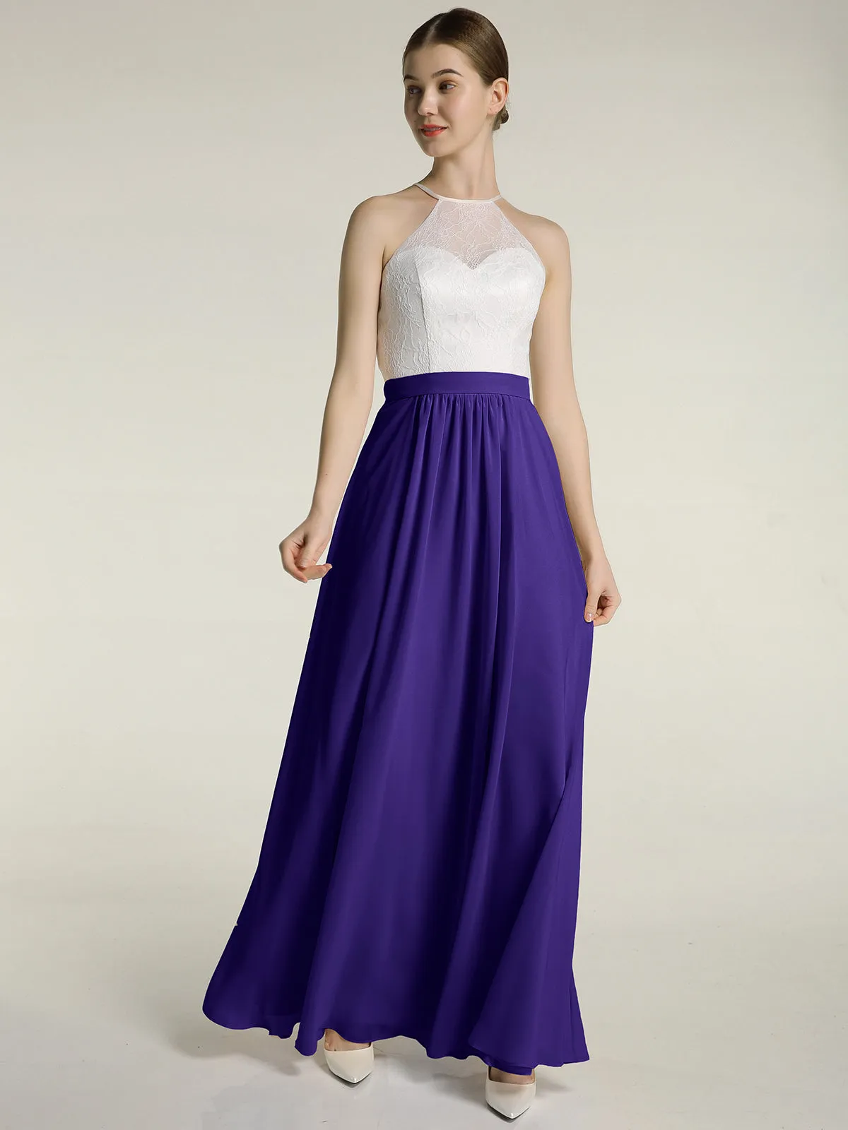 Chiffon Long Dresses with Ivory Lace Bodice-Regency