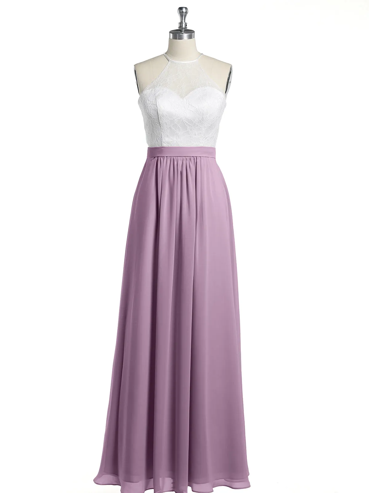 Chiffon Long Dresses with Ivory Lace Bodice-Wisteria Plus Size