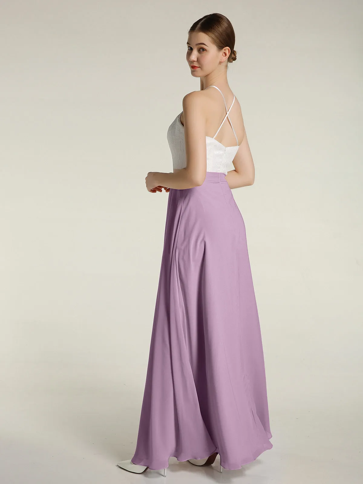 Chiffon Long Dresses with Ivory Lace Bodice-Wisteria Plus Size