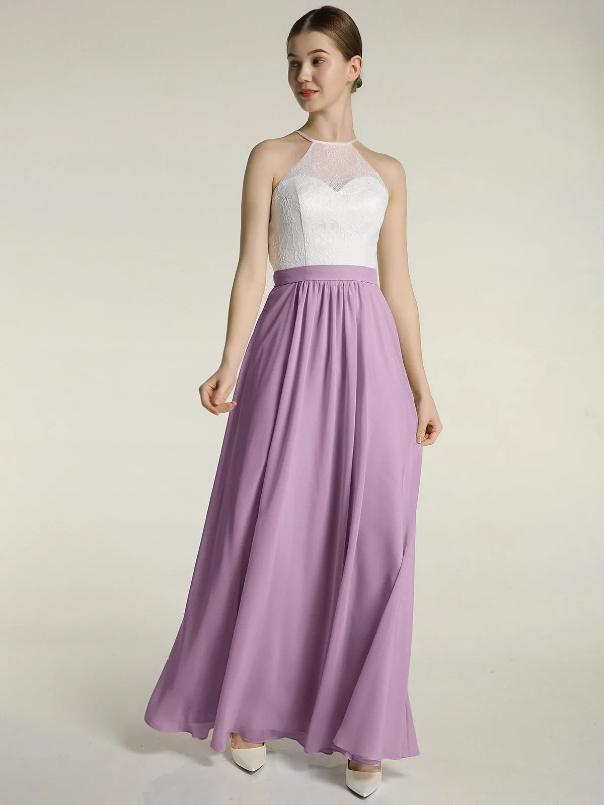 Chiffon Long Dresses with Ivory Lace Bodice-Wisteria Plus Size