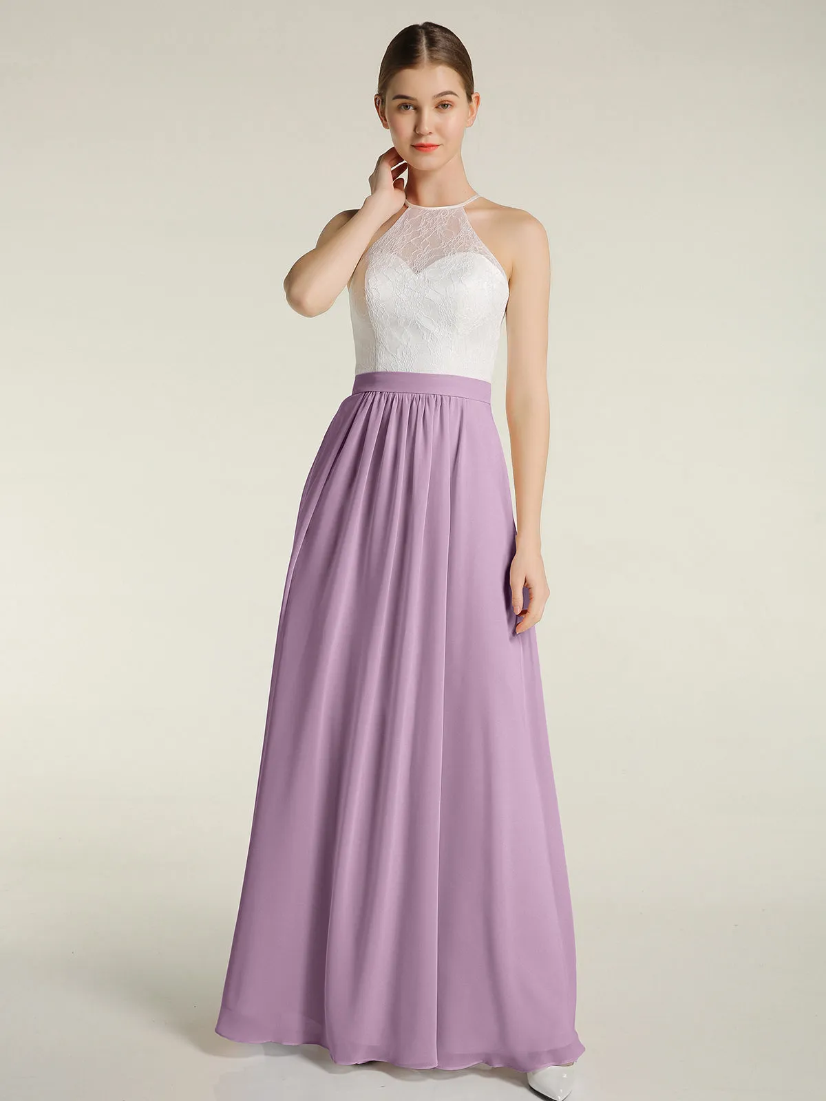 Chiffon Long Dresses with Ivory Lace Bodice-Wisteria Plus Size