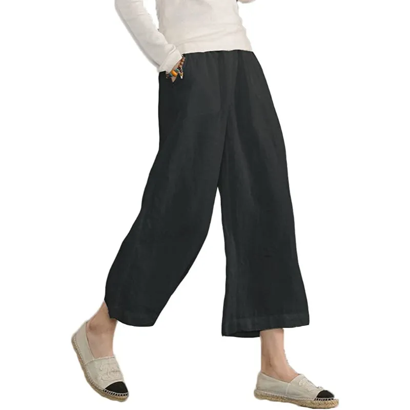 Comfy Loose Cotton Capris Cropped Wide Leg Pants