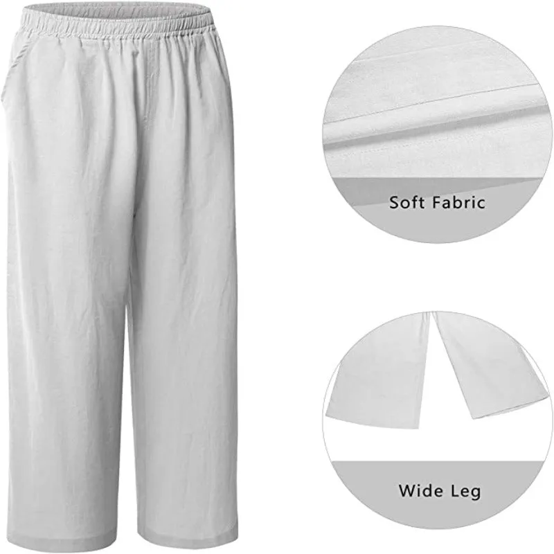 Comfy Loose Cotton Capris Cropped Wide Leg Pants