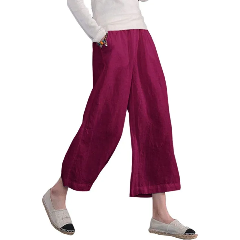 Comfy Loose Cotton Capris Cropped Wide Leg Pants