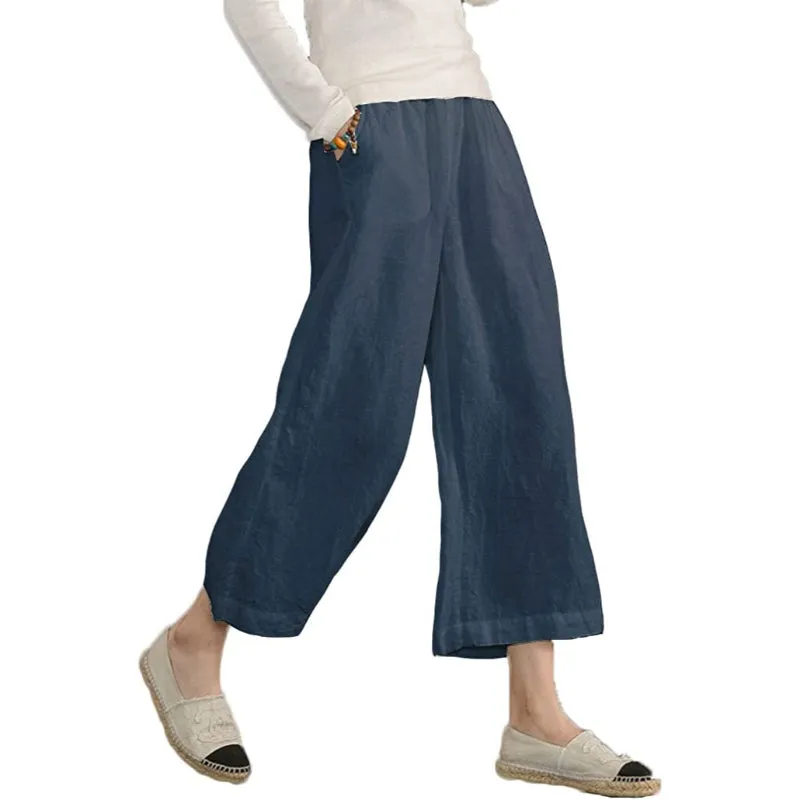 Comfy Loose Cotton Capris Cropped Wide Leg Pants