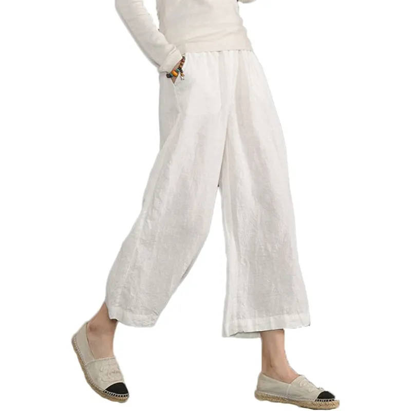 Comfy Loose Cotton Capris Cropped Wide Leg Pants