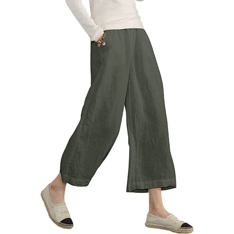 Comfy Loose Cotton Capris Cropped Wide Leg Pants