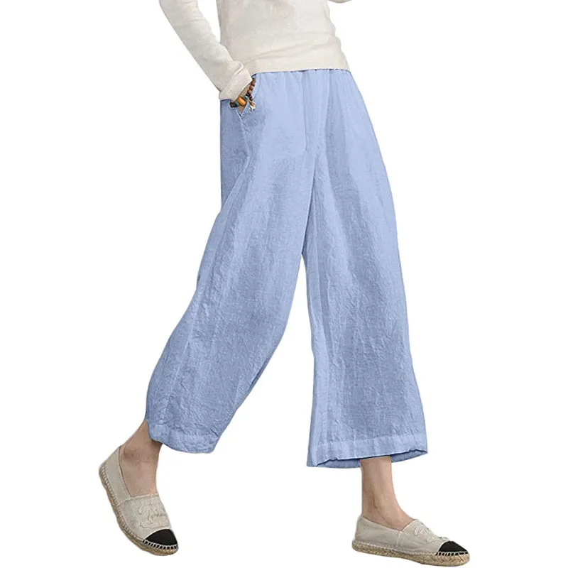 Comfy Loose Cotton Capris Cropped Wide Leg Pants