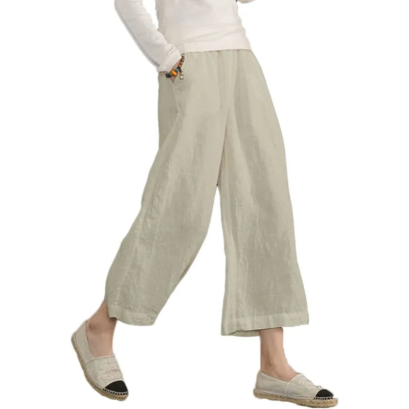Comfy Loose Cotton Capris Cropped Wide Leg Pants