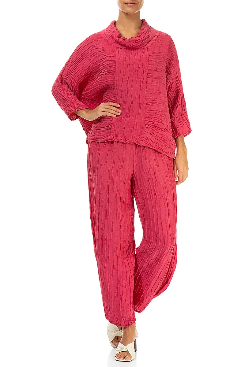 Cowl Neck Crinkled Raspberry Silk Blouse