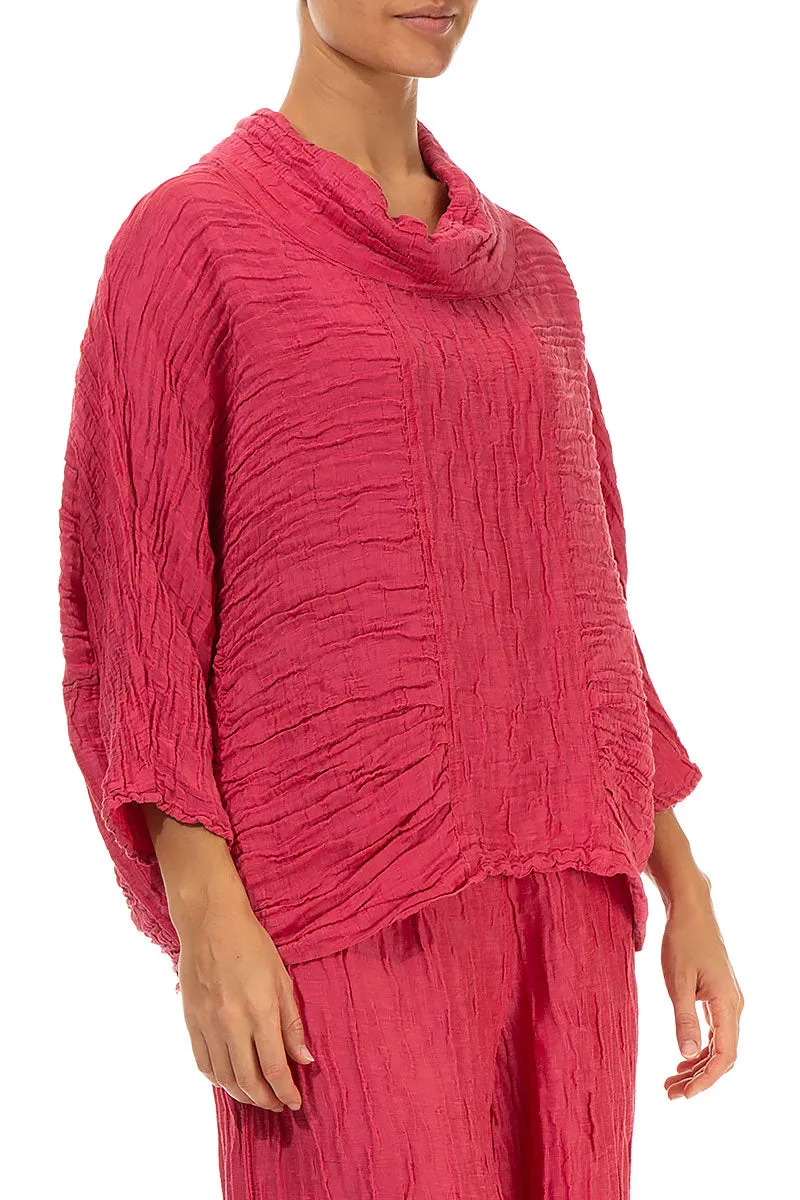 Cowl Neck Crinkled Raspberry Silk Blouse