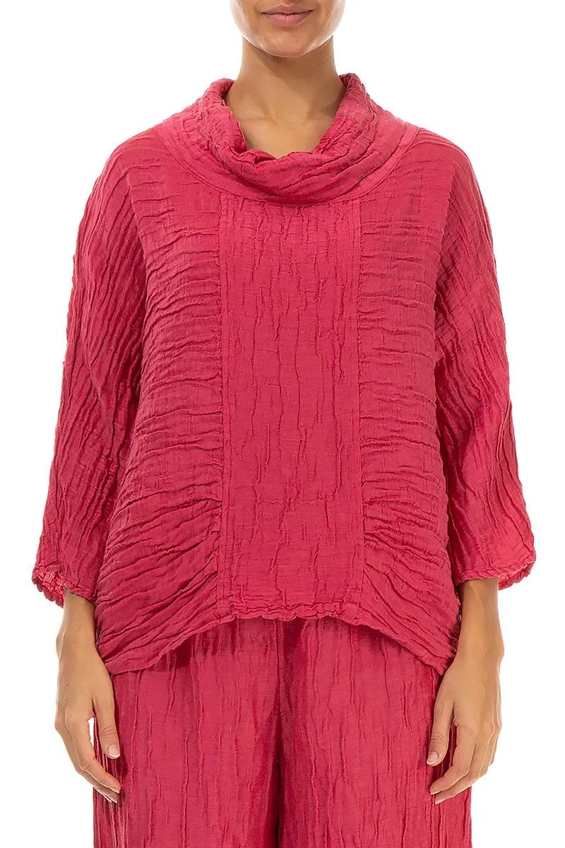 Cowl Neck Crinkled Raspberry Silk Blouse