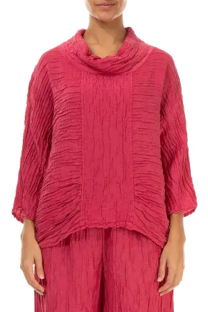 Cowl Neck Crinkled Raspberry Silk Blouse