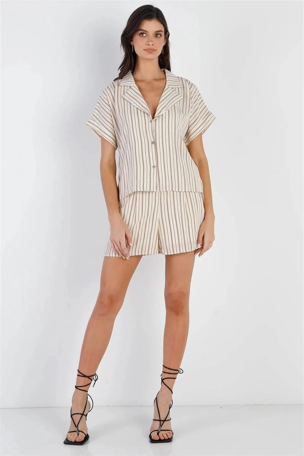 Cream & Taupe Stripe Shirt & Short Set /2-2-2