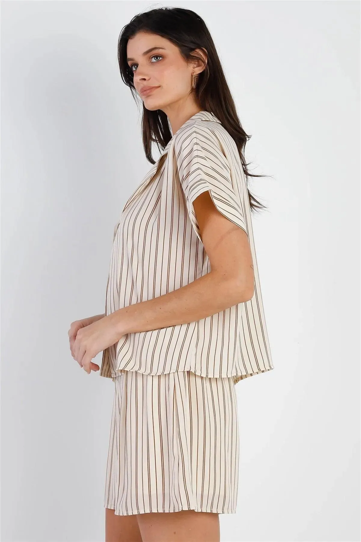 Cream & Taupe Stripe Shirt & Short Set /2-2-2