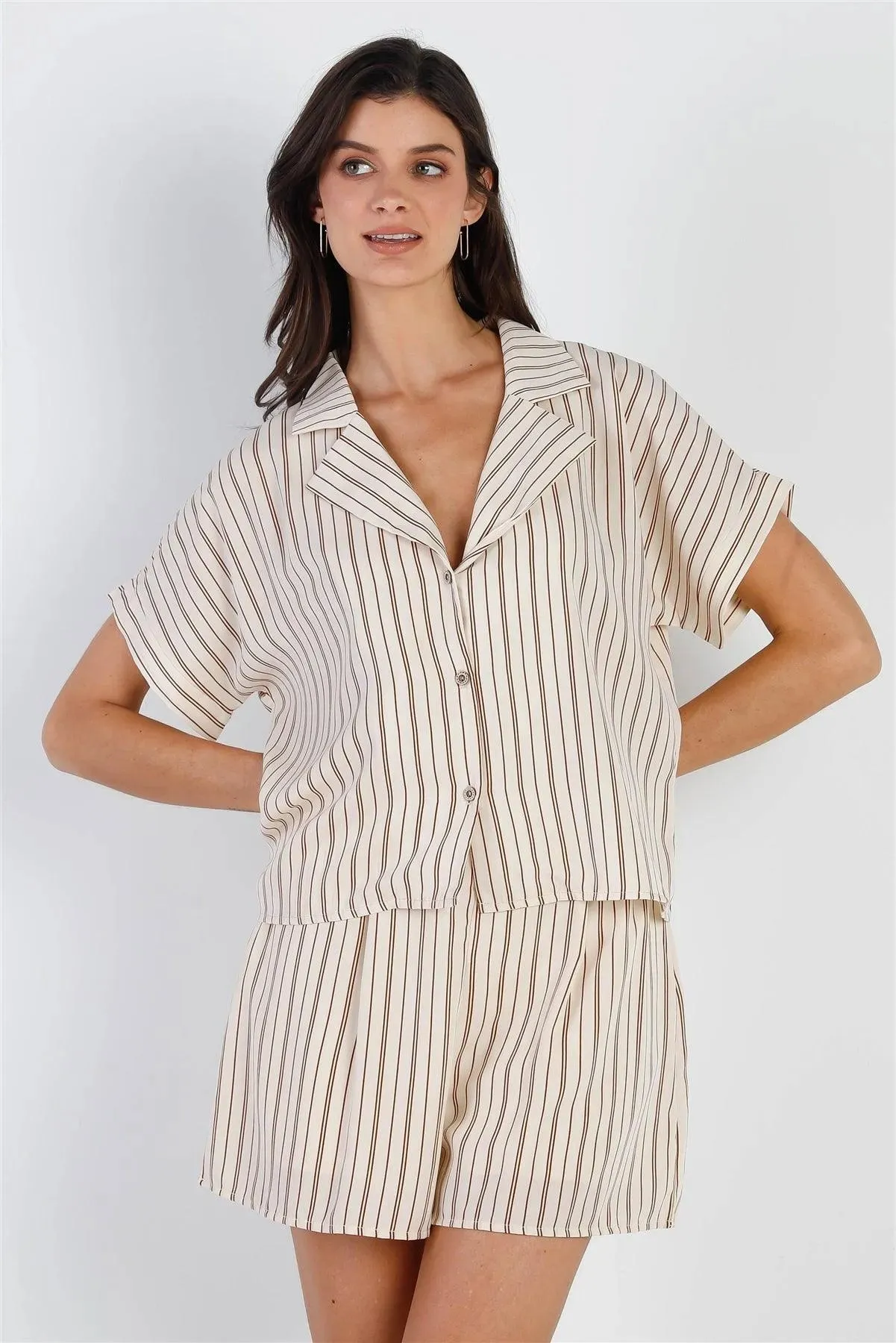 Cream & Taupe Stripe Shirt & Short Set /2-2-2