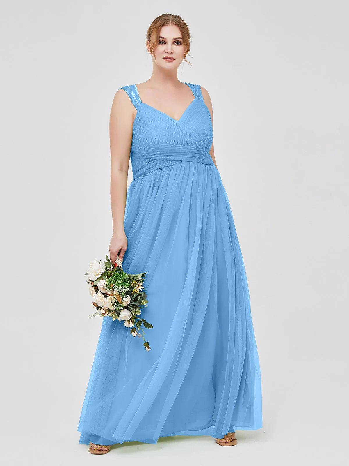 Cross-Pleated Tulle Long Dresses with Beaded Straps Blue
