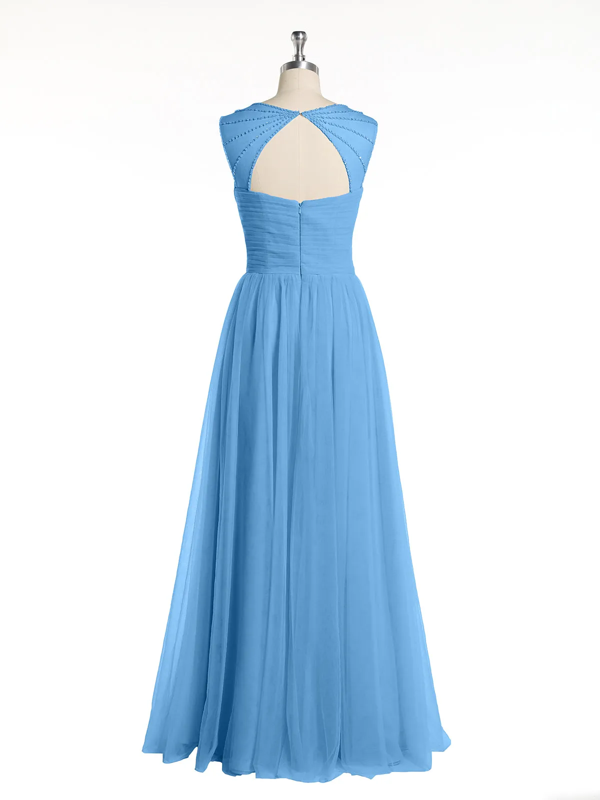 Cross-Pleated Tulle Long Dresses with Beaded Straps Blue