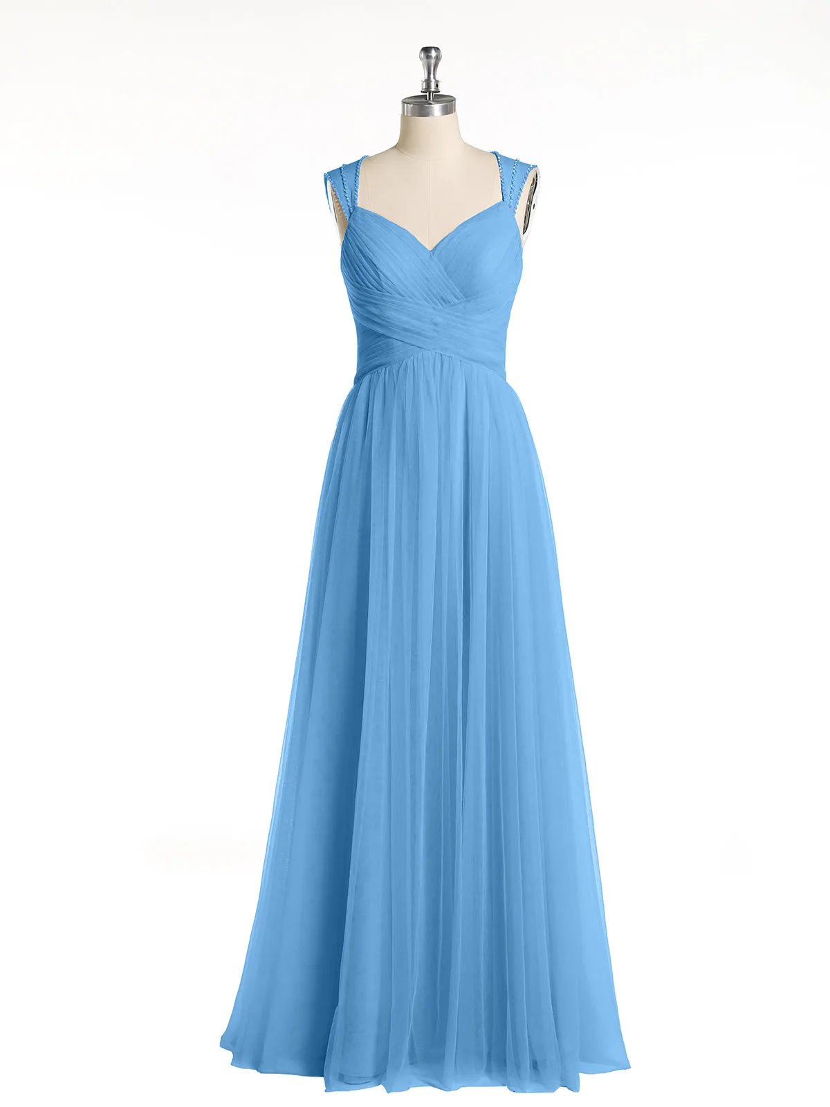 Cross-Pleated Tulle Long Dresses with Beaded Straps Blue