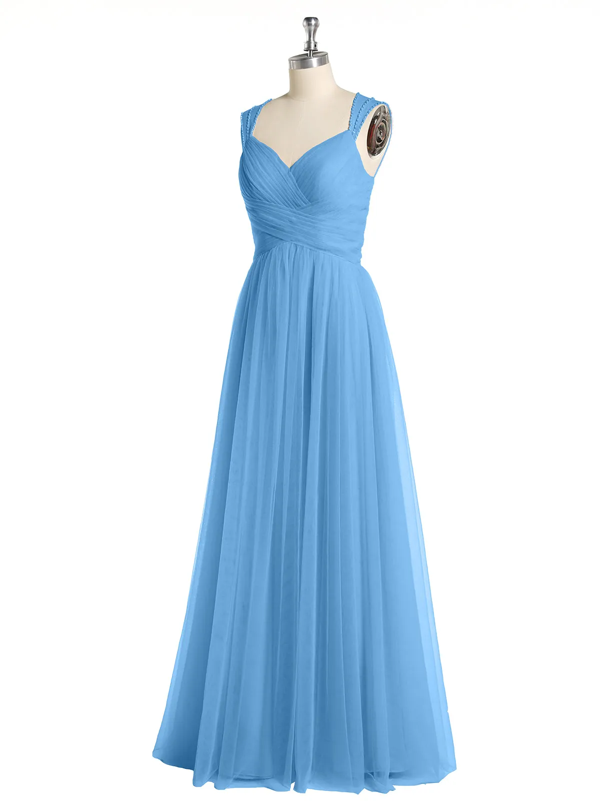 Cross-Pleated Tulle Long Dresses with Beaded Straps Blue