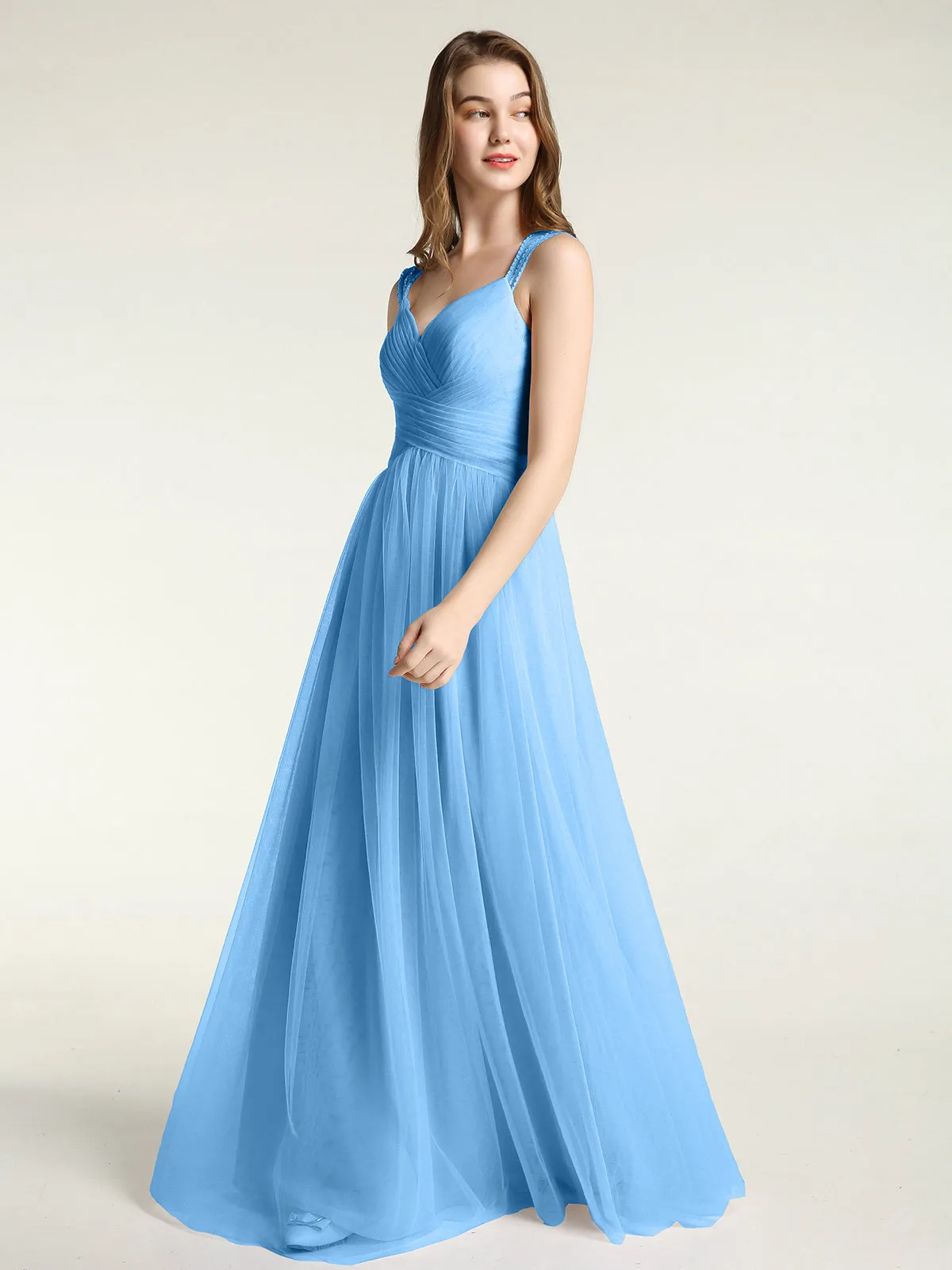 Cross-Pleated Tulle Long Dresses with Beaded Straps Blue