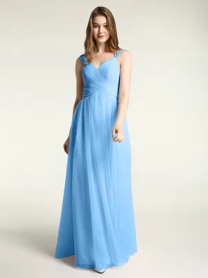 Cross-Pleated Tulle Long Dresses with Beaded Straps Blue