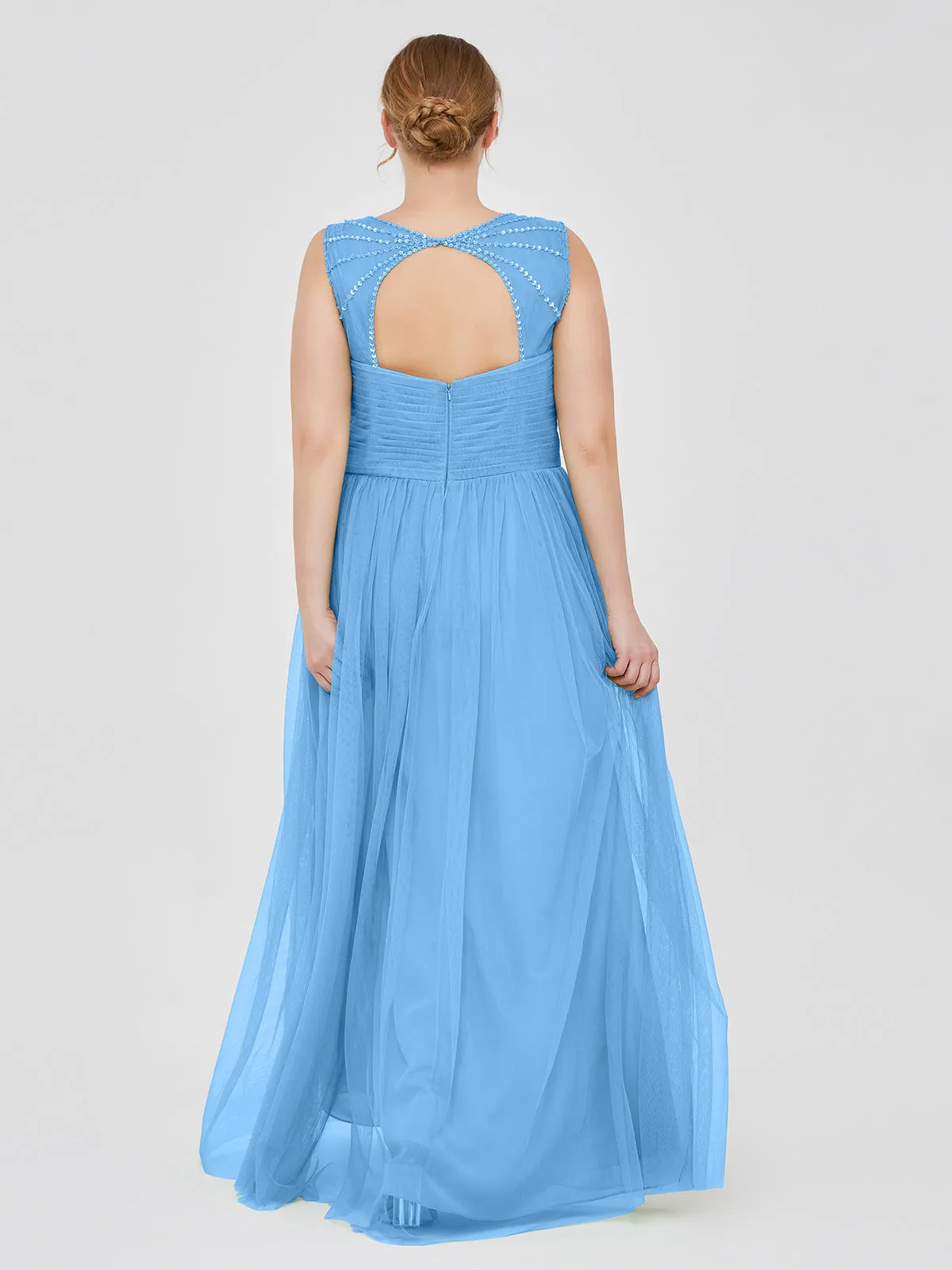 Cross-Pleated Tulle Long Dresses with Beaded Straps Blue
