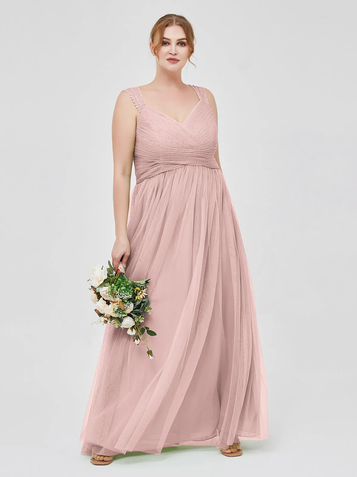 Cross-Pleated Tulle Long Dresses with Beaded Straps Dusty Rose