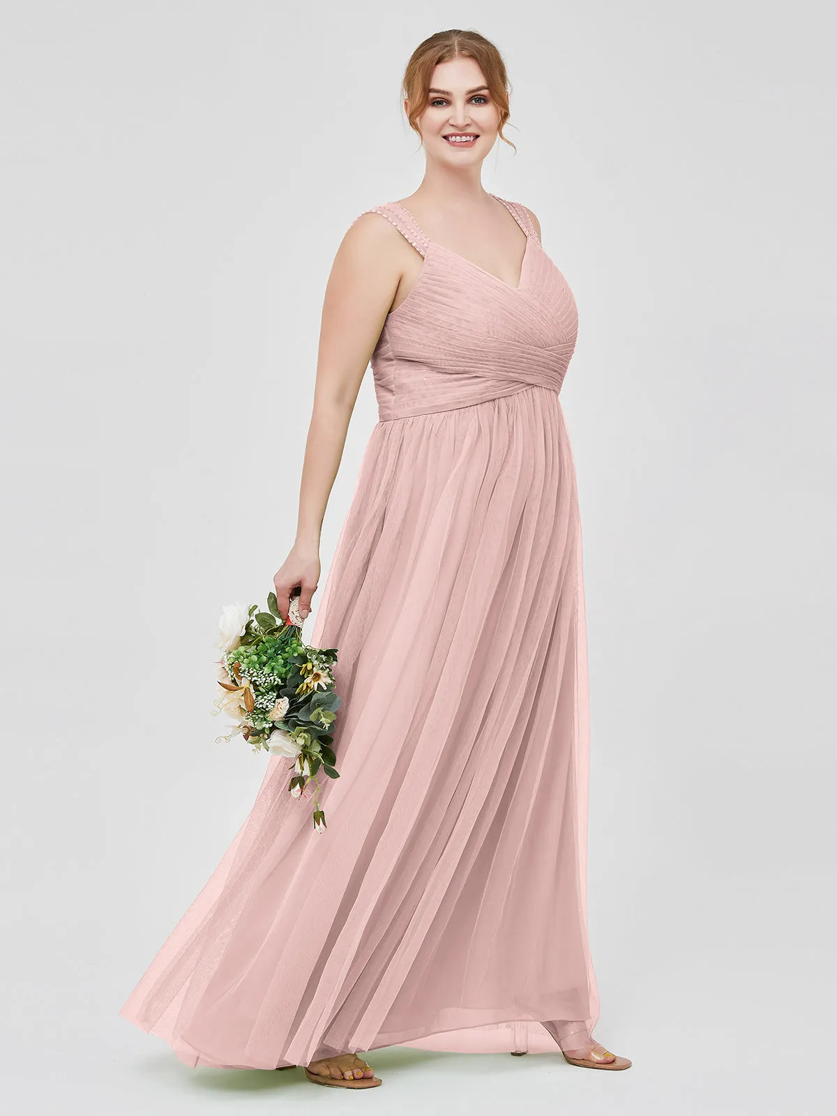 Cross-Pleated Tulle Long Dresses with Beaded Straps Dusty Rose