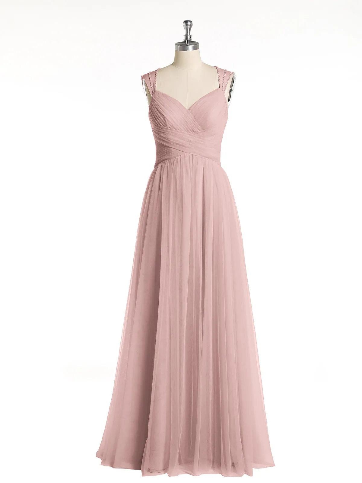 Cross-Pleated Tulle Long Dresses with Beaded Straps Dusty Rose