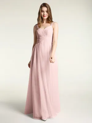 Cross-Pleated Tulle Long Dresses with Beaded Straps Dusty Rose
