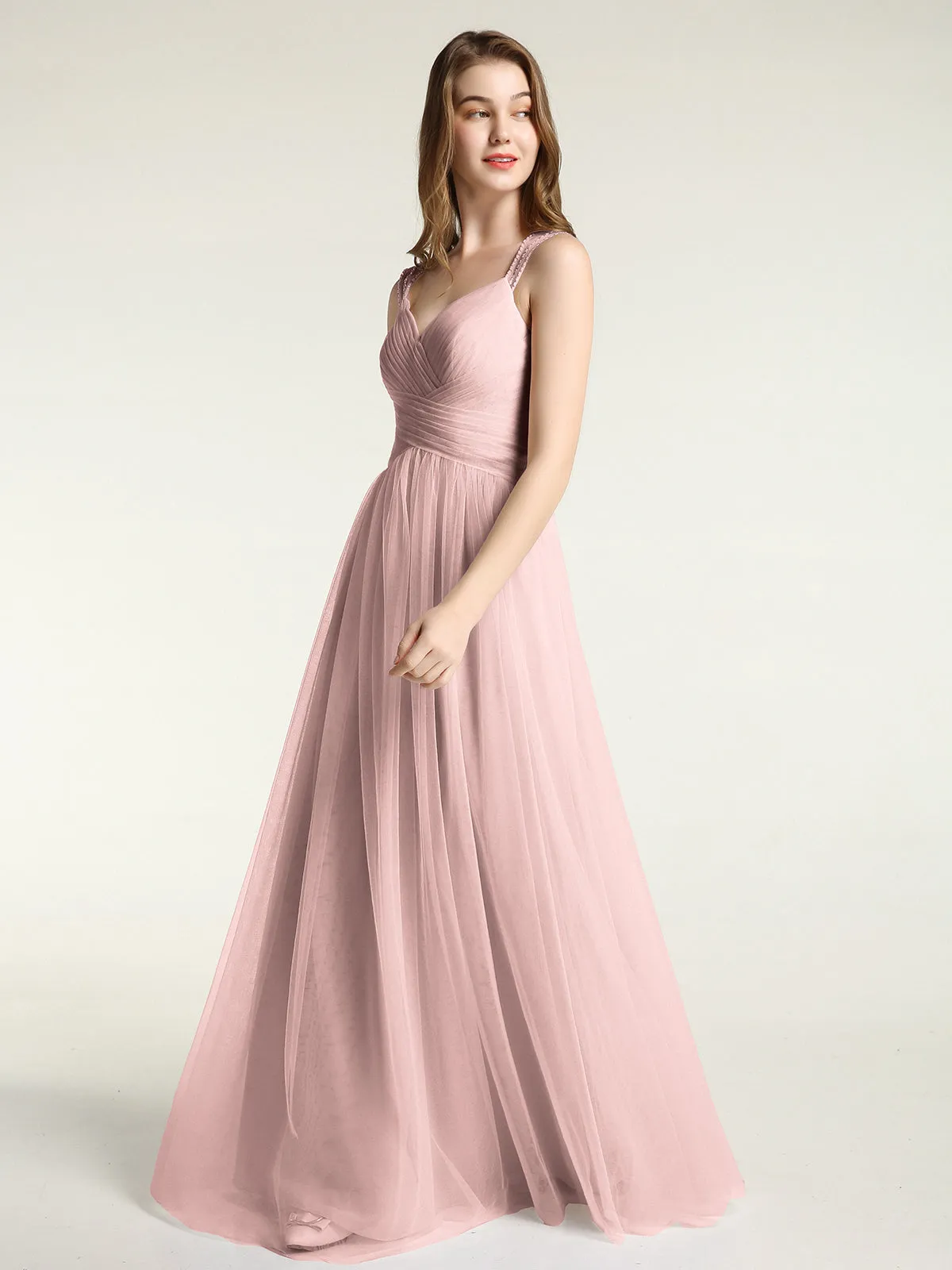 Cross-Pleated Tulle Long Dresses with Beaded Straps Dusty Rose