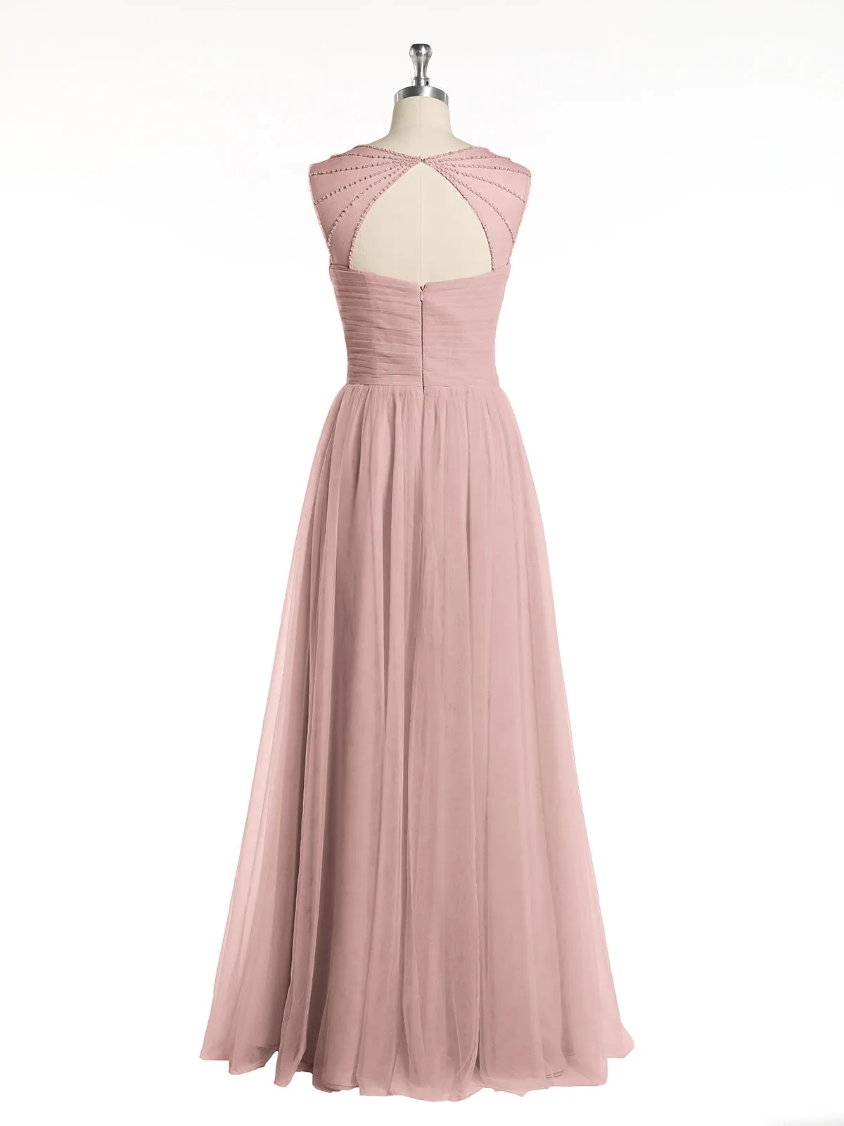 Cross-Pleated Tulle Long Dresses with Beaded Straps Dusty Rose