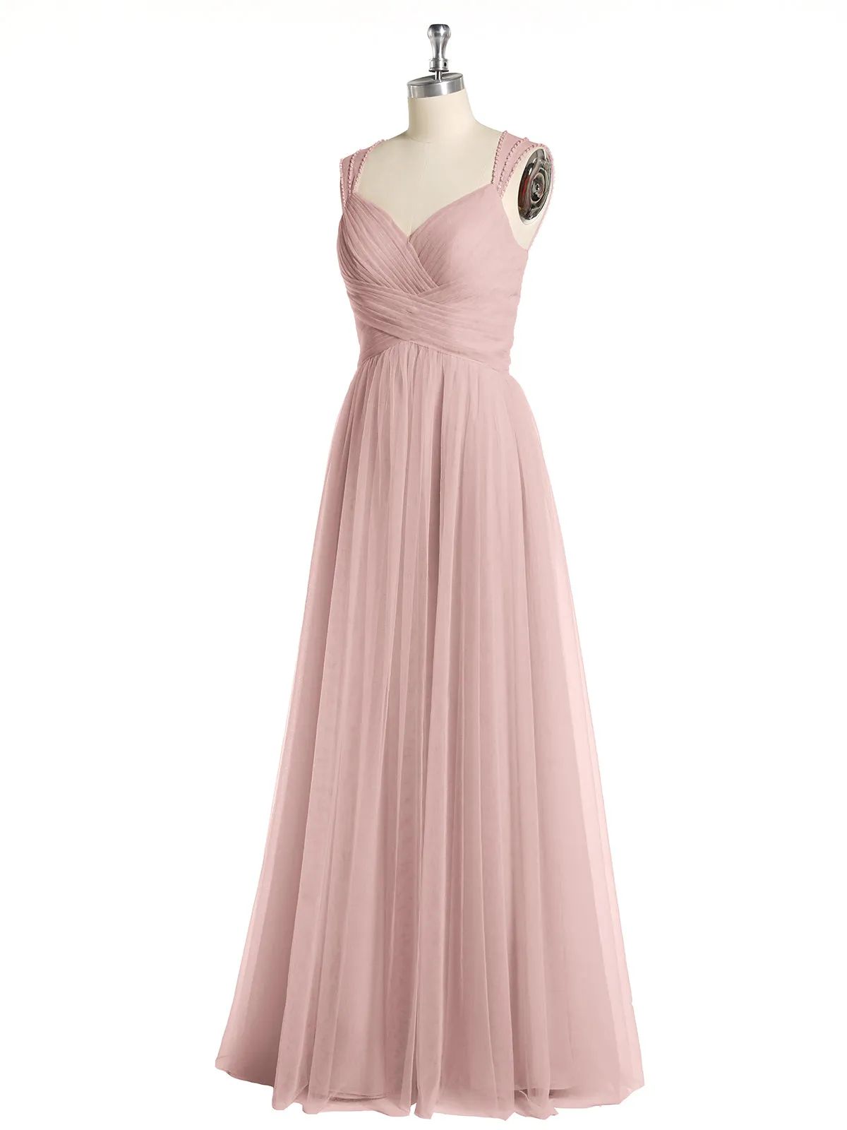 Cross-Pleated Tulle Long Dresses with Beaded Straps Dusty Rose