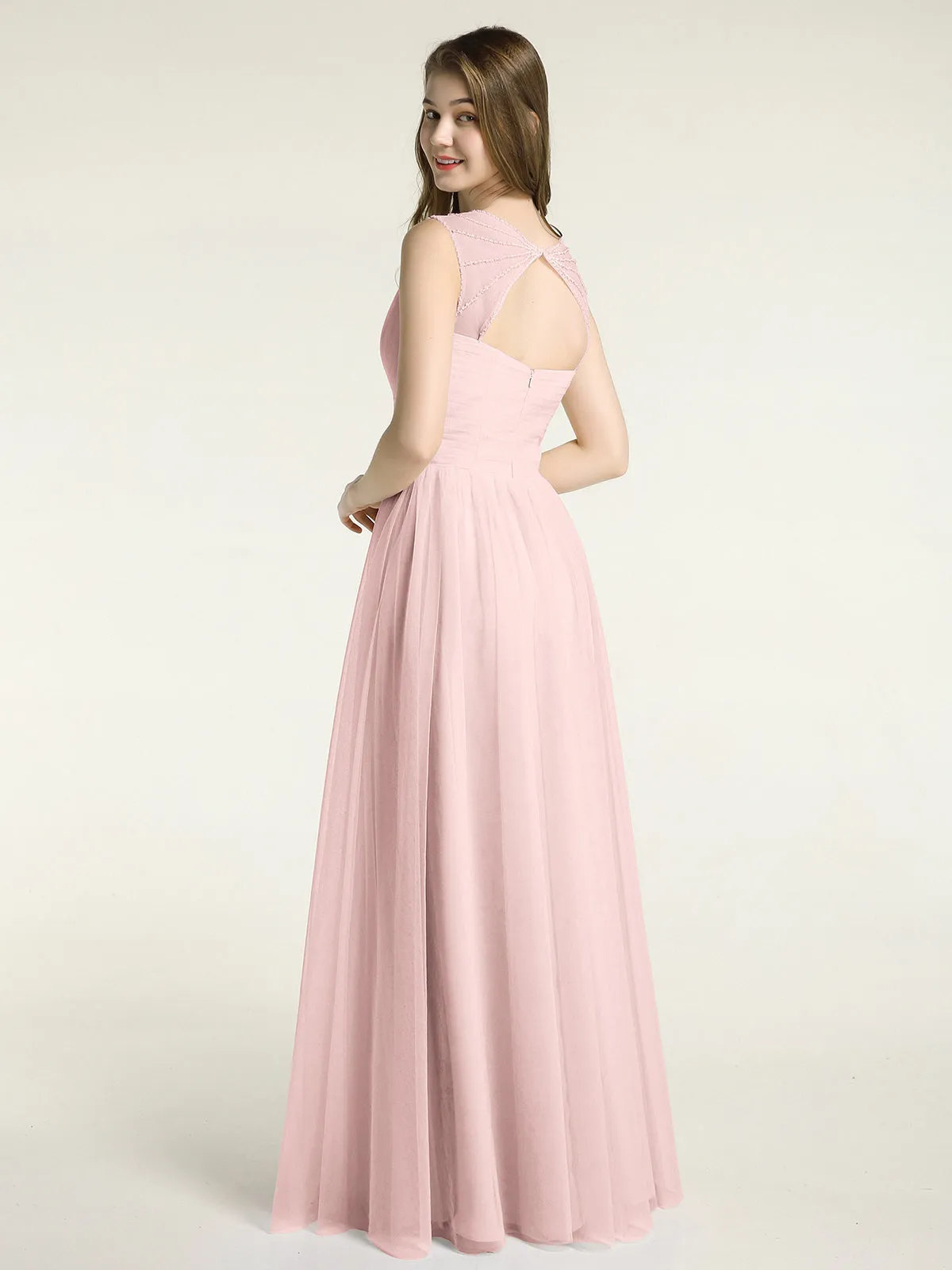 Cross-Pleated Tulle Long Dresses with Beaded Straps Dusty Rose