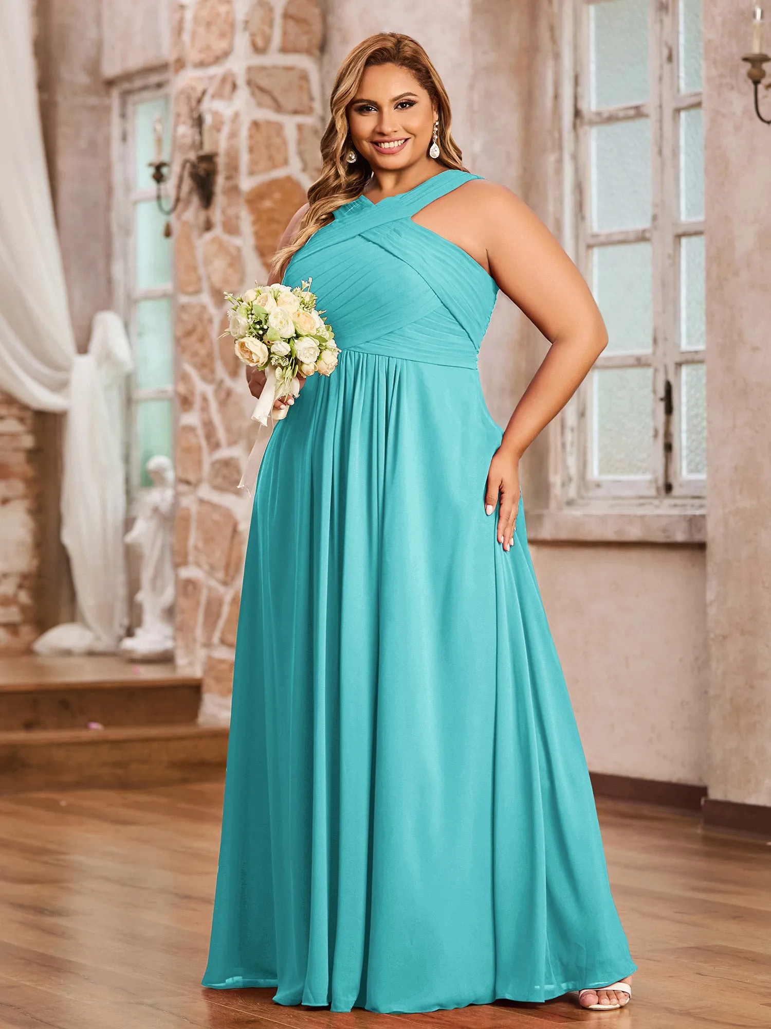 Cross Shoulder Strap Chiffon Dress with Empire Waist Jade Plus Size