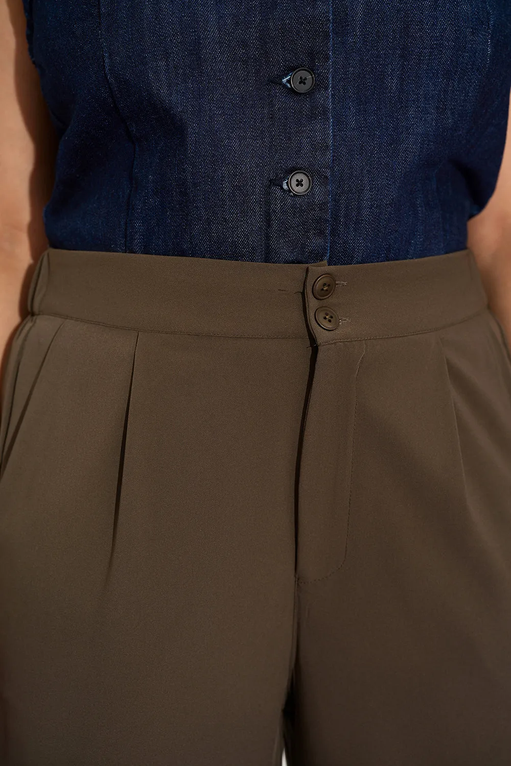 Dusky Brown Curve Pleated Double Button Korean Pants