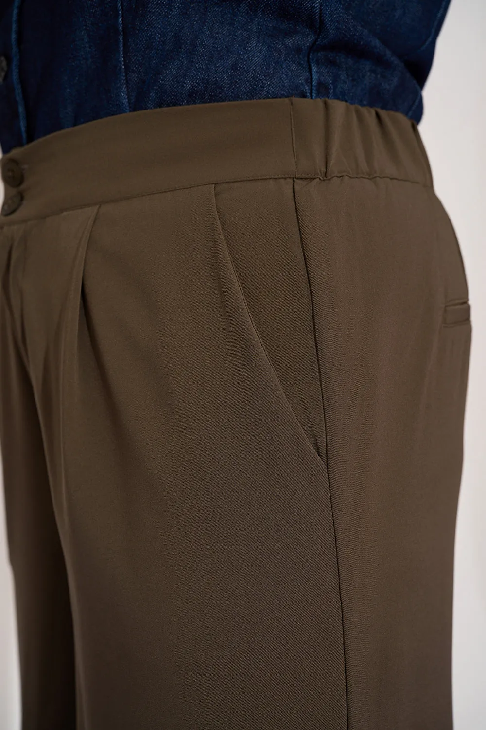Dusky Brown Curve Pleated Double Button Korean Pants