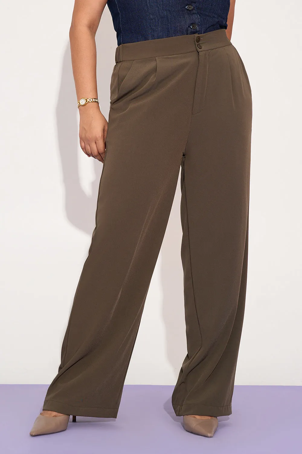 Dusky Brown Curve Pleated Double Button Korean Pants