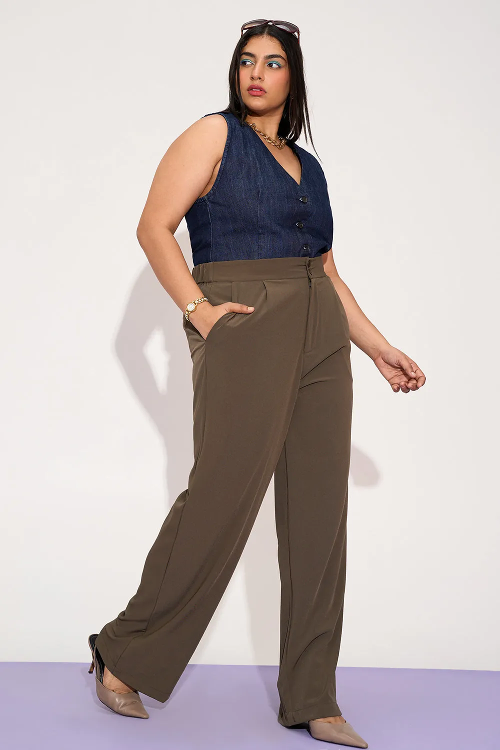 Dusky Brown Curve Pleated Double Button Korean Pants