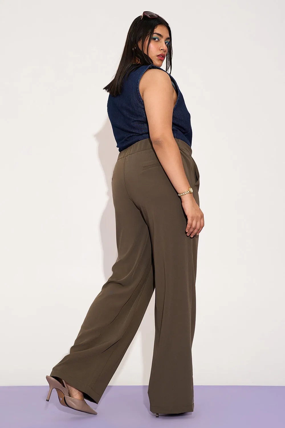 Dusky Brown Curve Pleated Double Button Korean Pants