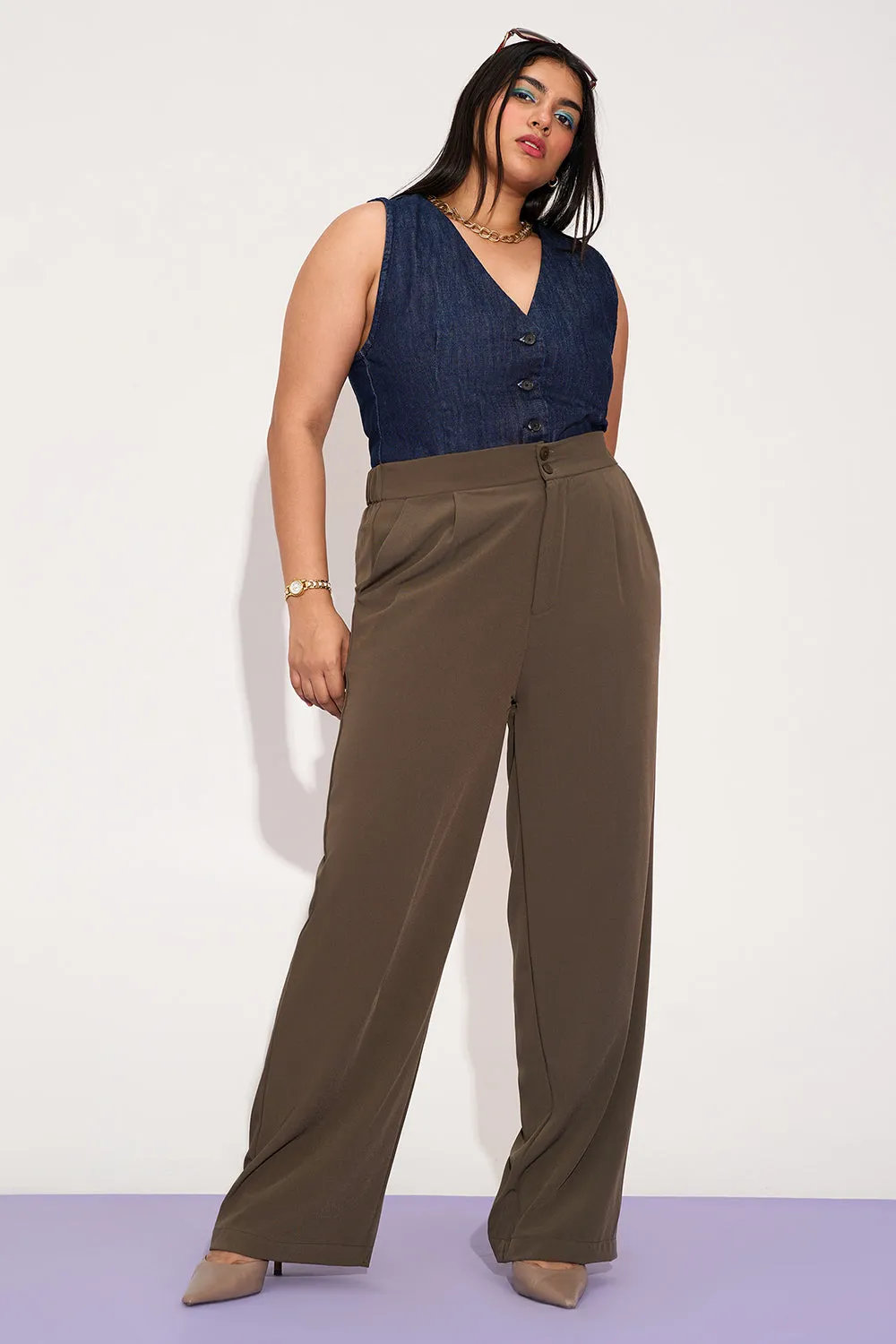 Dusky Brown Curve Pleated Double Button Korean Pants
